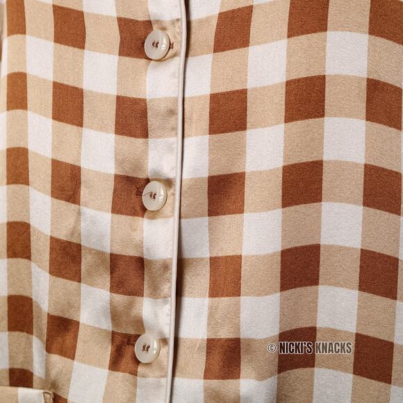 Ganni Brown & Cream Silk Check Shirt Button Down Plaid Oversized Size 32 XXS - Picture 3 of 12